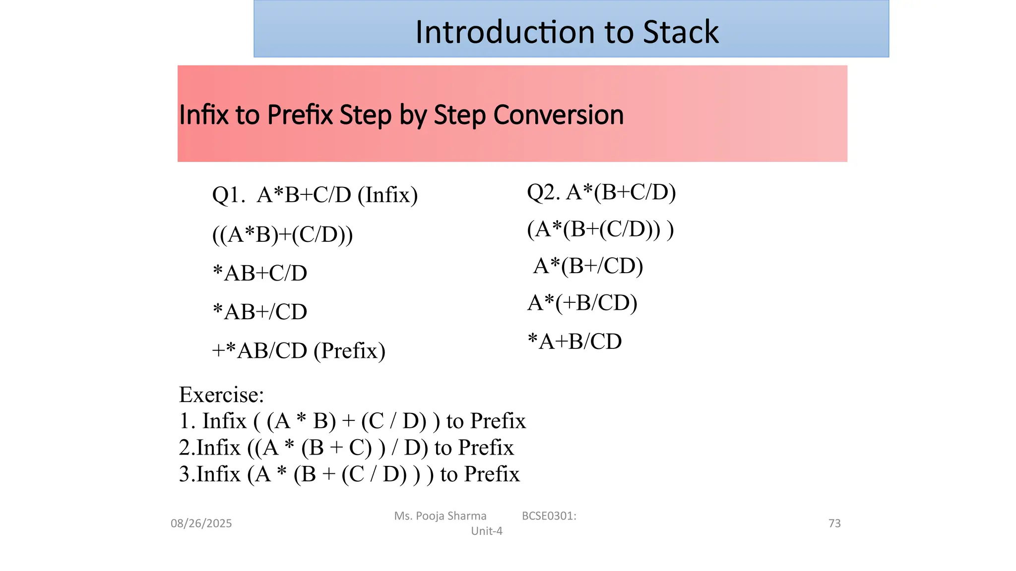 Q1. A*B+C/D (Infix)
((A*B)+(C/D))
*AB+C/D
*AB+/CD
+*AB/CD (Prefix)
Q2. A*(B+C/D)
(A*(B+(C/D)) )
A*(B+/CD)
A*(+B/CD)
*A+B/CD
Exercise:
1. Infix ( (A * B) + (C / D) ) to Prefix
2.Infix ((A * (B + C) ) / D) to Prefix
3.Infix (A * (B + (C / D) ) ) to Prefix
Infix to Prefix Step by Step Conversion
08/26/2025
Ms. Pooja Sharma BCSE0301:
Unit-4
73
Introduction to Stack
 