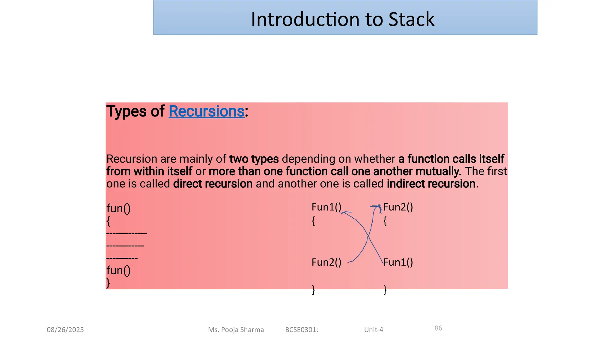 08/26/2025 Ms. Pooja Sharma BCSE0301: Unit-4
Types of Recursions:
Recursion are mainly of two types depending on whether a function calls itself
from within itself or more than one function call one another mutually. The first
one is called direct recursion and another one is called indirect recursion.
fun()
{
-------------
------------
----------
fun()
}
86
Introduction to Stack
Fun1()
{
Fun2()
}
Fun2()
{
Fun1()
}
 