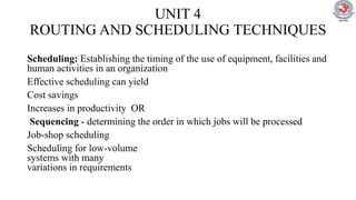 UNIT 4
ROUTING AND SCHEDULING TECHNIQUES
Scheduling: Establishing the timing of the use of equipment, facilities and
human activities in an organization
Effective scheduling can yield
Cost savings
Increases in productivity OR
Sequencing - determining the order in which jobs will be processed
Job-shop scheduling
Scheduling for low-volume
systems with many
variations in requirements
 