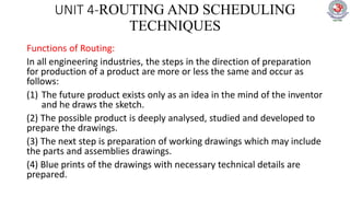 UNIT 4-ROUTING AND SCHEDULING
TECHNIQUES
Functions of Routing:
In all engineering industries, the steps in the direction of preparation
for production of a product are more or less the same and occur as
follows:
(1) The future product exists only as an idea in the mind of the inventor
and he draws the sketch.
(2) The possible product is deeply analysed, studied and developed to
prepare the drawings.
(3) The next step is preparation of working drawings which may include
the parts and assemblies drawings.
(4) Blue prints of the drawings with necessary technical details are
prepared.
 