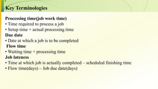 Processing time(job work time)
• Time required to process a job
• Setup time + actual processing time
Due date
• Date at which a job is to be completed
Flow time
• Waiting time + processing time
Job lateness
• Time at which job is actually completed – scheduled finishing time
• Flow time(days) – Job due date(days)
Key Terminologies
 