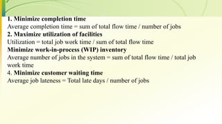 1. Minimize completion time
Average completion time = sum of total flow time / number of jobs
2. Maximize utilization of facilities
Utilization = total job work time / sum of total flow time
Minimize work-in-process (WIP) inventory
Average number of jobs in the system = sum of total flow time / total job
work time
4. Minimize customer waiting time
Average job lateness = Total late days / number of jobs
 