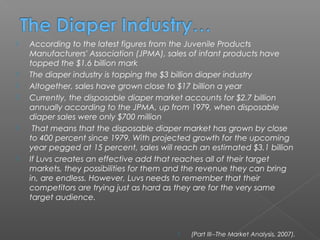    According to the latest figures from the Juvenile Products
    Manufacturers' Association (JPMA), sales of infant products have
    topped the $1.6 billion mark
   The diaper industry is topping the $3 billion diaper industry
   Altogether, sales have grown close to $17 billion a year
   Currently, the disposable diaper market accounts for $2.7 billion
    annually according to the JPMA, up from 1979, when disposable
    diaper sales were only $700 million
    That means that the disposable diaper market has grown by close
    to 400 percent since 1979. With projected growth for the upcoming
    year pegged at 15 percent, sales will reach an estimated $3.1 billion
   If Luvs creates an effective add that reaches all of their target
    markets, they possibilities for them and the revenue they can bring
    in, are endless. However, Luvs needs to remember that their
    competitors are trying just as hard as they are for the very same
    target audience.



                                             (Part III--The Market Analysis, 2007).
 