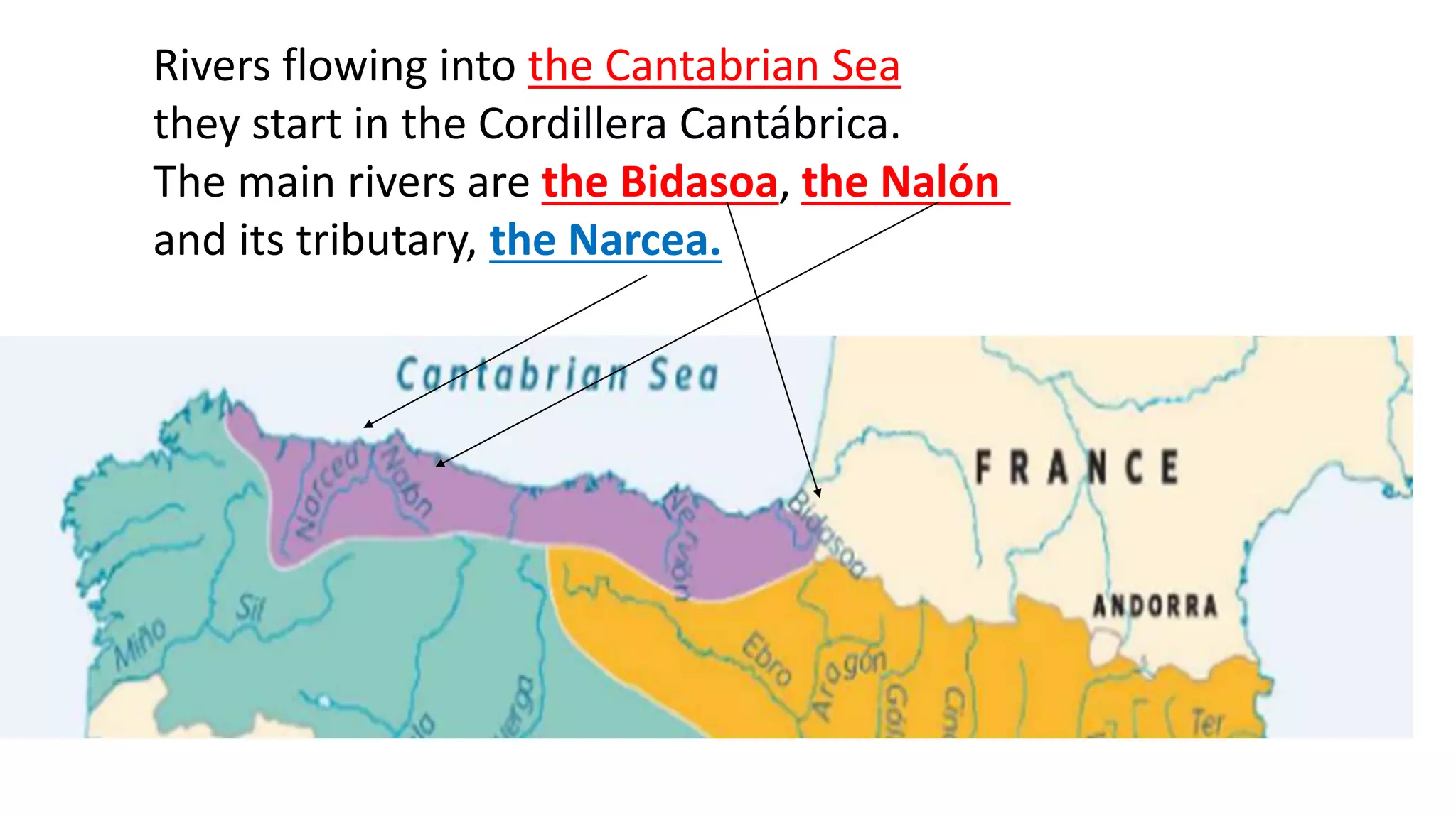 Rivers flowing into the Cantabrian Sea
they start in the Cordillera Cantábrica.
The main rivers are the Bidasoa, the Nalón
and its tributary, the Narcea.
 