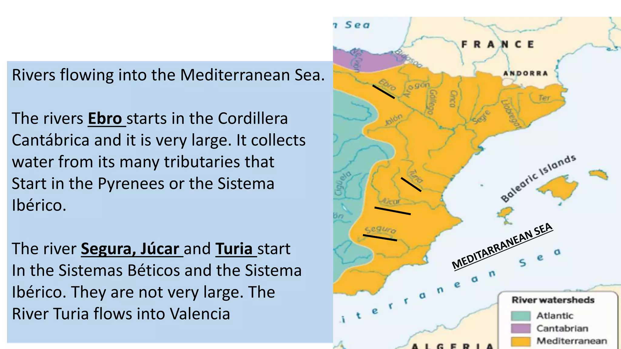 Rivers flowing into the Mediterranean Sea.
The rivers Ebro starts in the Cordillera
Cantábrica and it is very large. It collects
water from its many tributaries that
Start in the Pyrenees or the Sistema
Ibérico.
The river Segura, Júcar and Turia start
In the Sistemas Béticos and the Sistema
Ibérico. They are not very large. The
River Turia flows into Valencia
 