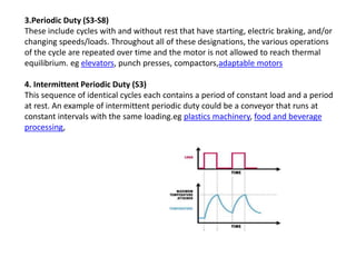 3.Periodic Duty (S3-S8)
These include cycles with and without rest that have starting, electric braking, and/or
changing speeds/loads. Throughout all of these designations, the various operations
of the cycle are repeated over time and the motor is not allowed to reach thermal
equilibrium. eg elevators, punch presses, compactors,adaptable motors
4. Intermittent Periodic Duty (S3)
This sequence of identical cycles each contains a period of constant load and a period
at rest. An example of intermittent periodic duty could be a conveyor that runs at
constant intervals with the same loading.eg plastics machinery, food and beverage
processing,
 