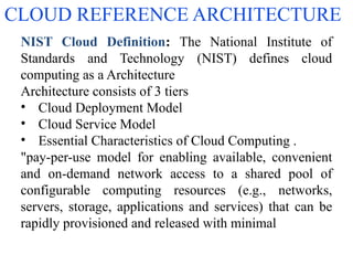 CLOUD REFERENCE ARCHITECTURE
NIST Cloud Definition: The National Institute of
Standards and Technology (NIST) defines cloud
computing as a Architecture
Architecture consists of 3 tiers
• Cloud Deployment Model
• Cloud Service Model
• Essential Characteristics of Cloud Computing .
"pay-per-use model for enabling available, convenient
and on-demand network access to a shared pool of
configurable computing resources (e.g., networks,
servers, storage, applications and services) that can be
rapidly provisioned and released with minimal
 