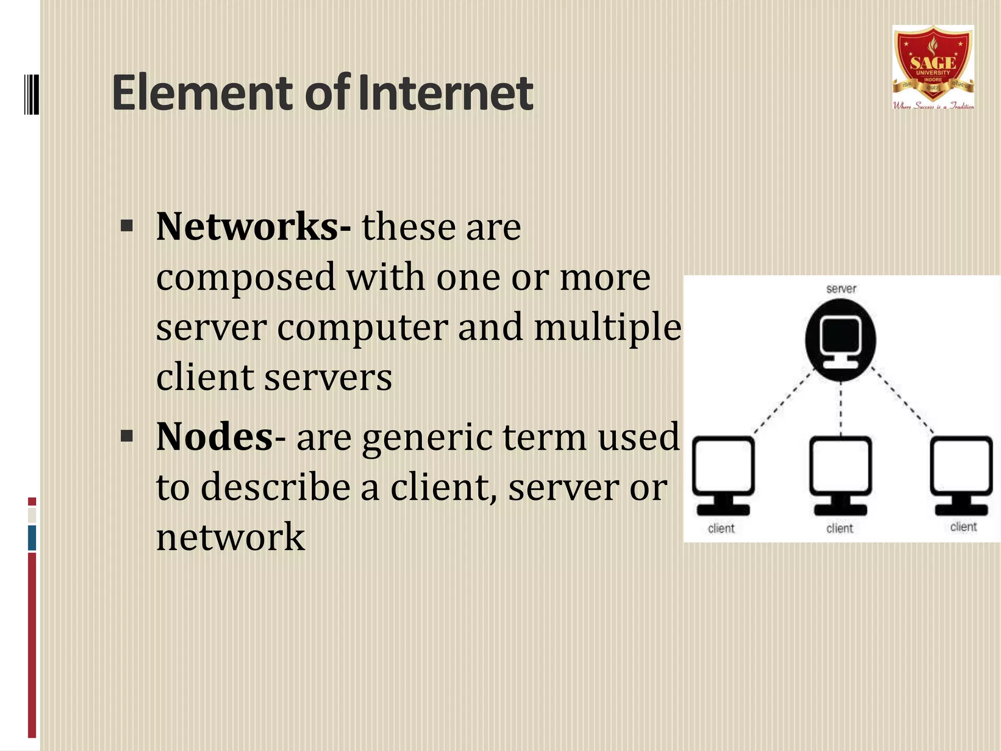 Element ofInternet
 Networks- these are
composed with one or more
server computer and multiple
client servers
 Nodes- are generic term used
to describe a client, server or
network
 