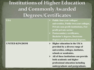 USA  Public four-year colleges/
universities, Public two-year colleges,
Private non-profit institutions, For-
profit private sector.
 Postsecondary certificates,
Bachelor’s degrees, Doctorate
degrees and Professional degrees.
UNITED KINGDOM  Higher education in the UK is
provided by a diverse range of
universities, colleges, institutes,
schools or academies.
 All of these institutions can provide
both academic and higher
professional education including
undergraduate and postgraduate.
 