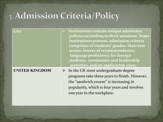 USA  Institutions contain unique admission
policies according to their missions. Some
institutions possess, admission criteria
comprises of students’ grades, their test
scores, letters of recommendation,
language proﬁciency for foreign
students, community and leadership
activities, and an application essay.
UNITED KINGDOM  In the UK most undergraduate degree
programs take three years to finish. However,
the “sandwich course” is increasing in
popularity, which is four years and involves
one year in the workplace.
 
