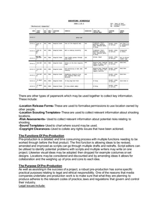 There are other types of paperwork which may be used together to collect key information.
These include:
-Location Release Forms- These are used to formalise permissions to use location owned by
other people.
-Location Scouting Templates- These are used to collect relevant information about shooting
locations.
-Risk Assessments- Used to collect relevant information about potential risks relating to
shooting.
-Sound Templates- Used to chart where sound may be used.
-Copyright Clearances- Used to collate any rights issues that have been actioned.
The Functions Of Pre-Production
Pre-production is a detailed and time consuming process with multiple functions needing to be
worked through before the final product. The first function is allowing ideas to be revised,
amended and improved as scripts can go through multiple drafts and redrafts. Script editors can
be utilised to identify potential problems with scripts and multiple writers may write on one
project. Likewise visual ideas may be adopted then dropped for example costumes or set
designs. Locations may be considered and discounted and by amending ideas it allows for
collaboration and the weighing up of pros and cons to each idea.
The Purpose Of Pre-Production
As well as assisting in the success of a project, a robust pre-production has some specific
practical purposes relating to legal and ethical responsibility. One of the reasons that media
companies undertake pre-production work is to make sure that what they are planning to
produce adheres to the relevant codes of practice, laws and regulations that govern and control
their industry.
Legal issues include:
 