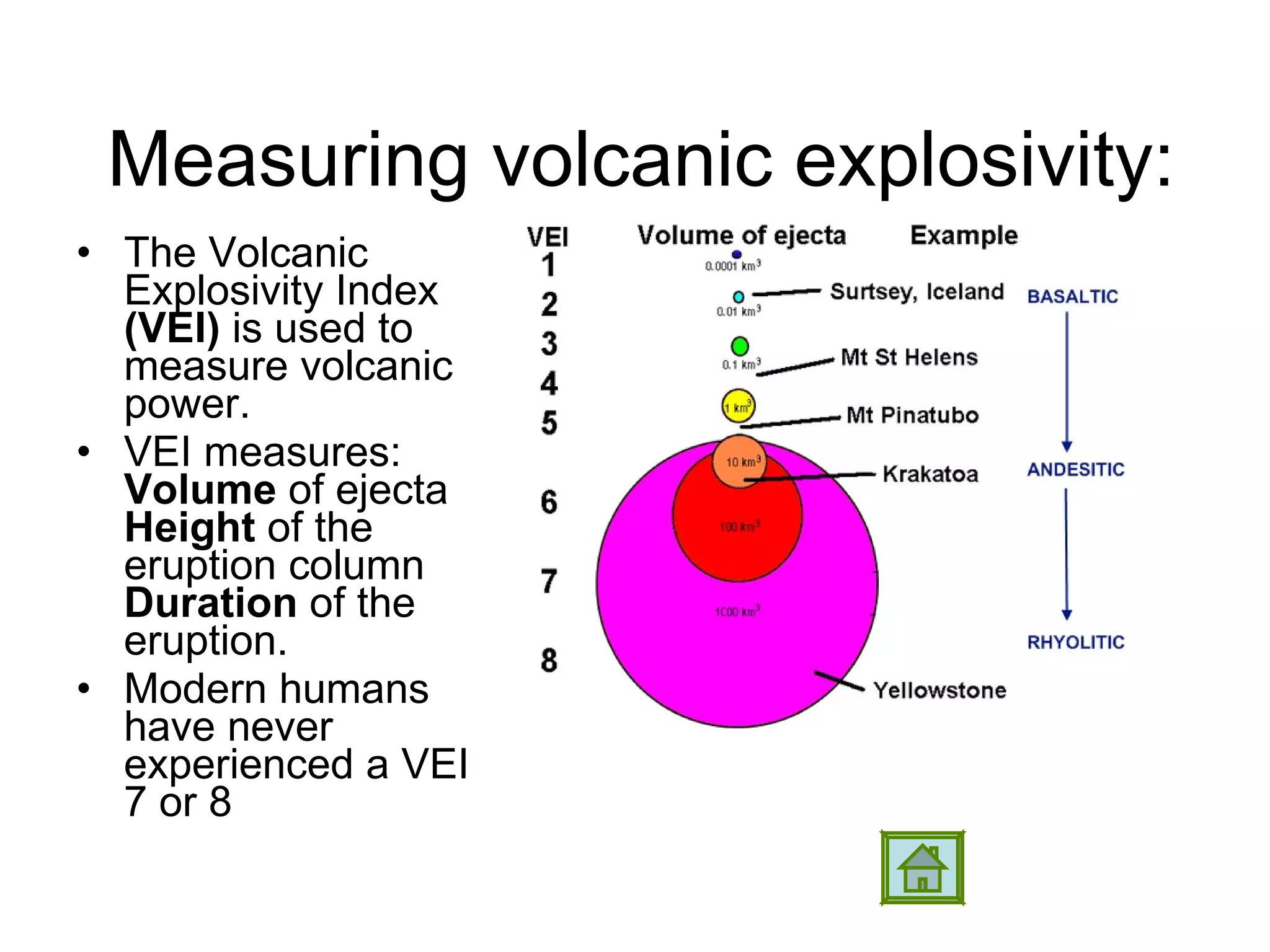 Measuring volcanic explosivity: The Volcanic Explosivity Index  (VEI)  is used to measure volcanic power. VEI measures:  Volume  of ejecta  Height  of the eruption column  Duration  of the eruption. Modern humans have never experienced a VEI 7 or 8  