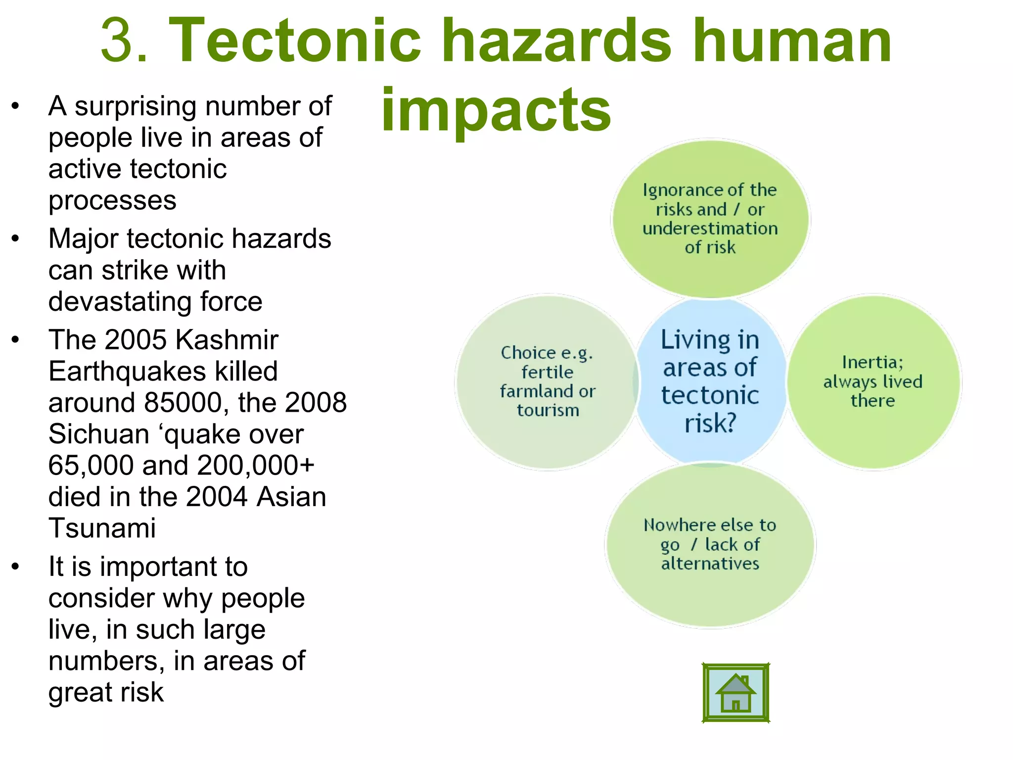 3.  Tectonic hazards human impacts A surprising number of people live in areas of active tectonic processes Major tectonic hazards can strike with devastating force The 2005 Kashmir Earthquakes killed around 85000, the 2008 Sichuan ‘quake over 65,000 and 200,000+ died in the 2004 Asian Tsunami It is important to consider why people live, in such large numbers, in areas of great risk 