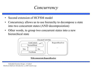 Embedded Systems Design: A Unified
Hardware/Software Introduction, (c) 2000 Vahid/Givargis
Concurrency
NormalMode
FireMode
fire!fire
UnitControl
ElevatorController
RequestResolver
...
With concurrent RequestResolver
• Second extension of HCFSM model
• Concurrency allows us to use hierarchy to decompose a state
into two concurrent states (AND decomposistion)
• Other words, to group two concurrent states into a new
hierarchical state
 