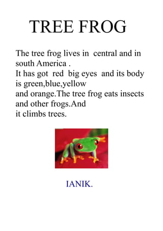 TREE FROG
The tree frog lives in central and in
south America .
It has got red big eyes and its body
is green,blue,yellow
and orange.The tree frog eats insects
and other frogs.And
it climbs trees.




              IANIK.
 