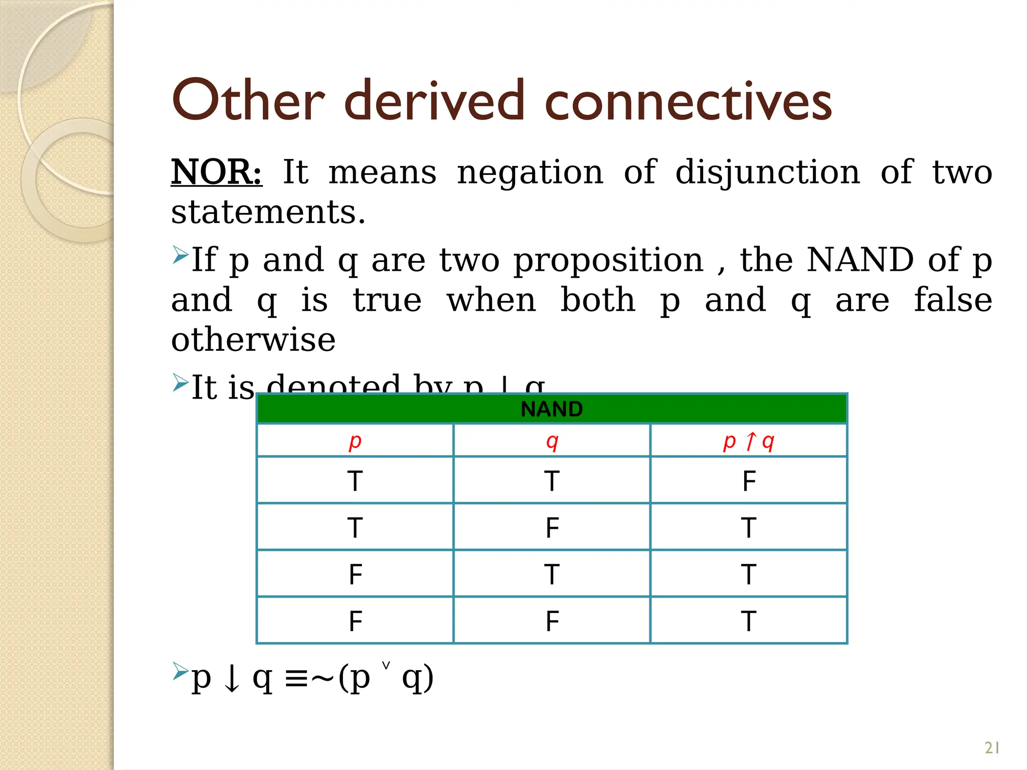 21
Other derived connectives
NOR: It means negation of disjunction of two
statements.
If p and q are two proposition , the NAND of p
and q is true when both p and q are false
otherwise
It is denoted by p ↓ q
p ↓ q ≡∼(p q)
˅
NAND
p q p ↑ q
T T F
T F T
F T T
F F T
 