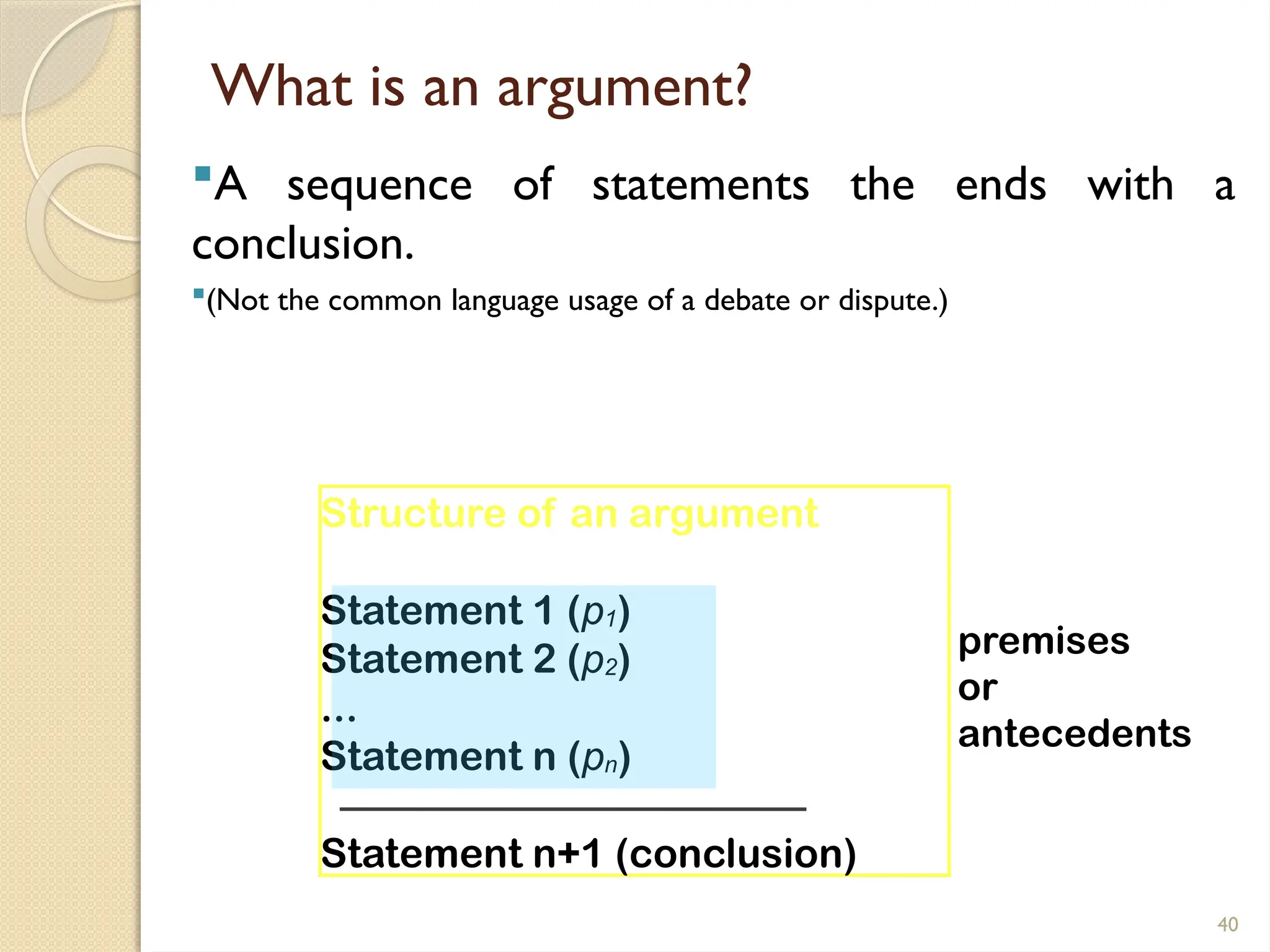40
What is an argument?
A sequence of statements the ends with a
conclusion.
(Not the common language usage of a debate or dispute.)
Structure of an argument
Statement 1 (p1)
Statement 2 (p2)
...
Statement n (pn)
Statement n+1 (conclusion)
premises
or
antecedents
 