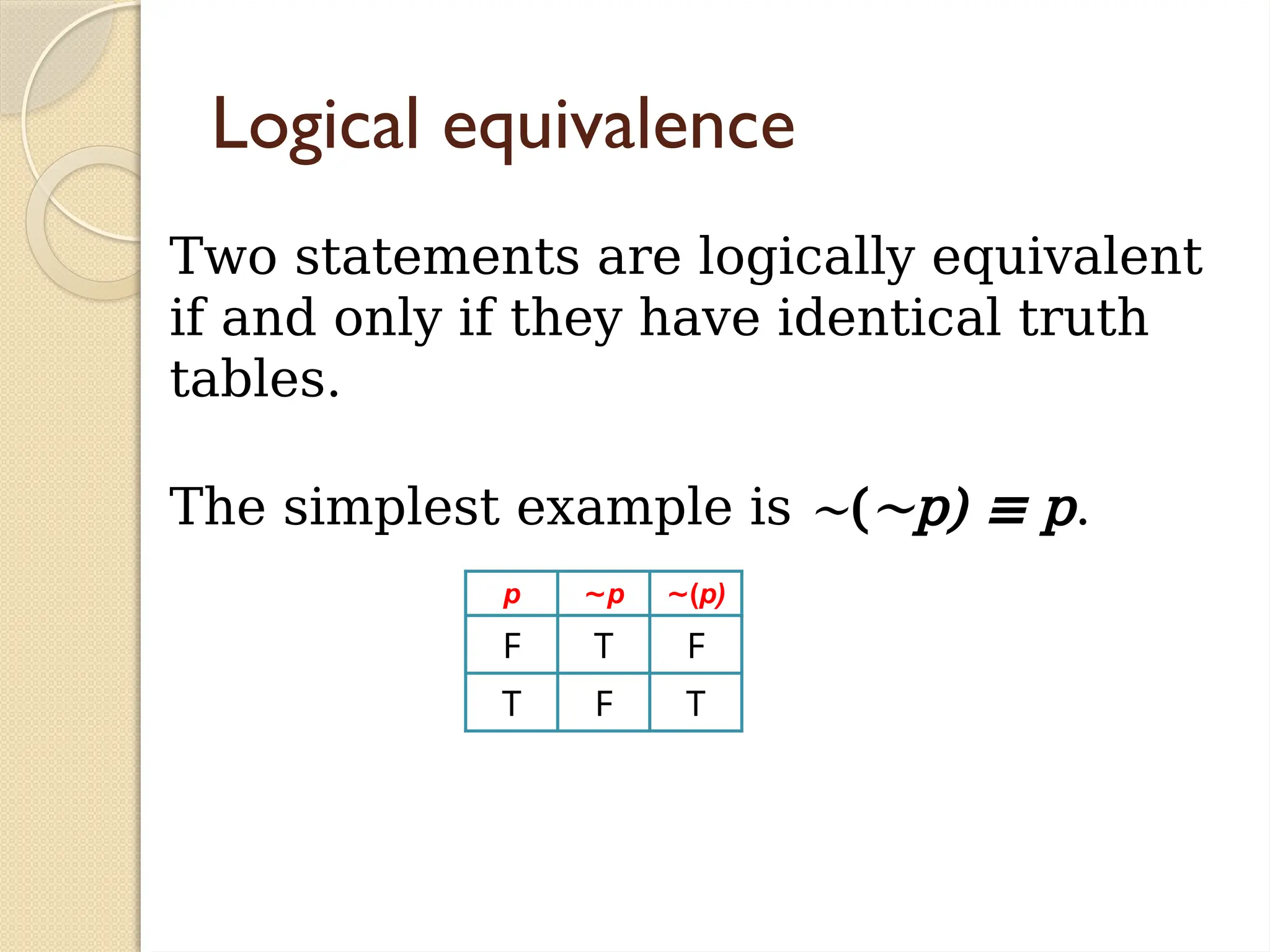 Logical equivalence
Two statements are logically equivalent
if and only if they have identical truth
tables.
The simplest example is ∼(∼p) ≡ p.
p ∼p ∼(p)
F T F
T F T
 
