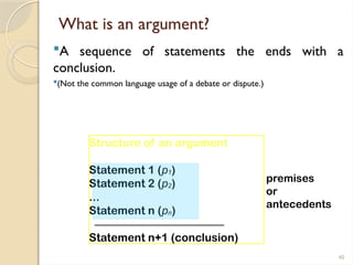 40
What is an argument?
A sequence of statements the ends with a
conclusion.
(Not the common language usage of a debate or dispute.)
Structure of an argument
Statement 1 (p1)
Statement 2 (p2)
...
Statement n (pn)
Statement n+1 (conclusion)
premises
or
antecedents
 