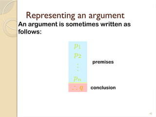 42
Representing an argument
An argument is sometimes written as
follows:
premises
conclusion
 