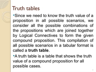 5
Truth tables
Since we need to know the truth value of a
proposition in all possible scenarios, we
consider all the possible combinations of
the propositions which are joined together
by Logical Connectives to form the given
compound proposition. This compilation of
all possible scenarios in a tabular format is
called a truth table.
A truth table is a table that shows the truth
value of a compound proposition for all
possible cases.
 