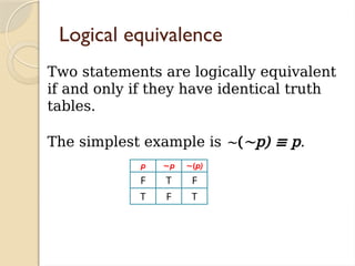 Logical equivalence
Two statements are logically equivalent
if and only if they have identical truth
tables.
The simplest example is ∼(∼p) ≡ p.
p ∼p ∼(p)
F T F
T F T
 