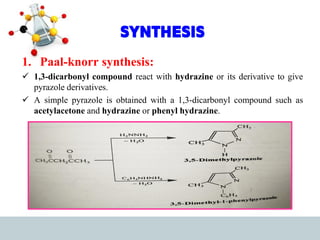 SYNTHESIS
1. Paal-knorr synthesis:
✓ 1,3-dicarbonyl compound react with hydrazine or its derivative to give
pyrazole derivatives.
✓ A simple pyrazole is obtained with a 1,3-dicarbonyl compound such as
acetylacetone and hydrazine or phenyl hydrazine.
 