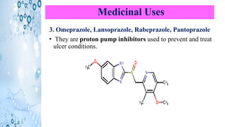 Medicinal Uses
3. Omeprazole, Lansoprazole, Rabeprazole, Pantoprazole
• They are proton pump inhibitors used to prevent and treat
ulcer conditions.
 