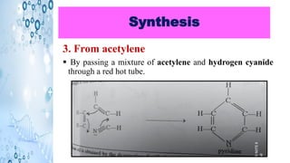 Synthesis
3. From acetylene
▪ By passing a mixture of acetylene and hydrogen cyanide
through a red hot tube.
 