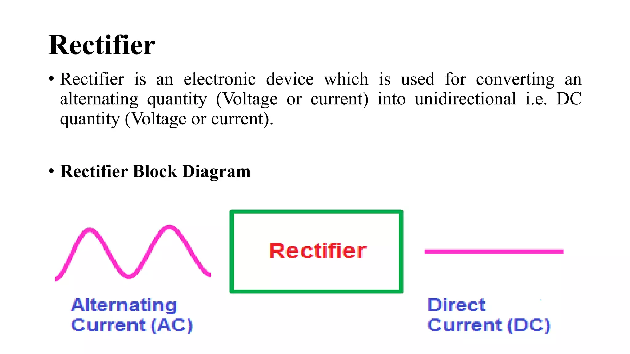 Rectifier
• Rectifier is an electronic device which is used for converting an
alternating quantity (Voltage or current) into unidirectional i.e. DC
quantity (Voltage or current).
• Rectifier Block Diagram
 