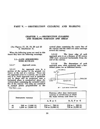PART V. - OBSTRUCTION CLEARING AND MARKING
CHAPTER 1.-OBSTRUCTION CLEARING
AND MARKING SURFACES AND AREAS
(See Figures 17, 18, 19, 20 and 21
in Attachment A)
When the following terms are used in this
Annex they have the following meanings.
1.1.LAND AERODROMES
WITH RUNWAYS
1.1.1* Approach areas.
1
.
1
.
1
.
1 An a ~ ~ r o a c h
area ie a
portion of the surfaci bf the ground (or
water) at the end of a runway. There are
two approach areas to a runway, one at each
end of it. Each approach area is quadrilat-
eral in shape and ite projection onto a
horizontal plane is symmetrical about the
vertical plane containing the extended centre
line of the runway. Two sides are contained
in vertical planes perpendicular to the
*See Part I, 2.1.1.
vertical plane containing the centre line of
the runway and the other two sides converge
toward the runway.
1.1.1.2 The inner edge of each
approach area is at a distance of 60 metres
(200 feet) measured horizontally from the
end of the runway.
1.1.1.3 The dimensions of each
approach area, when projected onto a hor-
izontal plane, are as indicated herein.
/ a0 a (
a
mf
t
.
)
- A- - -
&I
Runway Ipproach Area
AE = 3,000 wtrea (10,000 feet)
lnstrument runways
ab 300 m (1,000 ft)
cd 1,200 m (4,000 ft)
Runways other than instrument
runways at aerodromes at which
the main runway code letter is:
A, B or C D, E, F or G
210 m ( 700 ft) 150 m ( 500 ft)
750 m (2,500 ft) 750 m (2,500 ft)
 