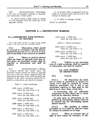 Part V -Clearing and Marking 37
2.2.3 RECQM
~ E ~ ~ ~ ~ ~ Q ~ . - P a r t i c u l a r l yb) be located within an approach area ex-
in the case of instrument runways or channels, tended to 8 nautical miles from the end of the
new construction which would : runway or channel, and
a ) project above a plane rising at a slope
of 1:40 measured from the outer end of an
c ) be likely to endanger aircraft,
approach surface, should be prohibited.
CHAPTER 3. -OBSTRUCTION MARKING
3.1,-AERODROMES WITH RUNWAYS 1,500 metres ( 5,000 feet)
OR CHANNELS where the code letter is G.
Note.-The term "objects" as used in this section Table 2 -Water aerodronzes
inclzrdes both temfiorary and permanent objects.
3.1.1 Obstructions which should
be removed in accordance with the Recom-
4,000 metres (13,000 feet)
where the code letter is A,
mended Practices in 2.1.1.1, 2.1.1.2, 2.1.2.1, 3,000 metres (10,000 feet)
and 2.1.2.2 shall, if not removed, be marked. where the code letter is B,
3.1.2 Objects or portions thereof
within the limits of approach areas that ex-
1,800 metres ( 6,000 feet)
where the code letter is C.
tend above the horizoital surface shall be
regarded as obstructions and shall be 3.1.4 Vehicles on the movement
marked. area of a land aerodrome shall be regarded
as obstructions and shall be marked.
3.1.3 RECOMMENDATION.
-Objects
or portions thereof that extend above the
horizontal surface outside the limits of approach
areas but within the radius, measured from the
approximate geometric centre of the landing area,
specified in the tables hereunder should be re-
garded as obstructions and should be marked.
Table 1-Land aerodromes
4,000 metres (13,000 feet)
where the code letter is A,
3,500 metres (11,500 feet)
where the code letter is B,
3,000 metres (10,000 feet)
where the code letter is C,
3.2.-DAY MARKING
OF OBSTRUCTIONS
3.2.1 General.
3.2.1.1 All obstructions the mark-
ing of which is prescribed in section 3.1
except 3.1.4 shall be marked by colour
whenever practicable, but if this is not
practicable, markers or flags shall be di*
played on or above them, except that:
a) obstructions that are sdciently
conspicuous by their shape, size or colour
need not be otherwise marked;
b) such parts of obstructions as are
shielded by surrounding objects need not
be marked but the surrounding objecta
2,500 metres ( 8.500 feet) shall be marked.
where the .code letter is D,
The marking of vehicles
2,000 metres ( 7,000 feet) prescribed in 3.1.4 ehall be achieved either
where the code letter is E, by colours, by markers or by flags.
1,800 metres ( 6,000 feet) 3.2.1.3 When an elevated type of
where the code letter is F, light is used within the boundary of the
 
