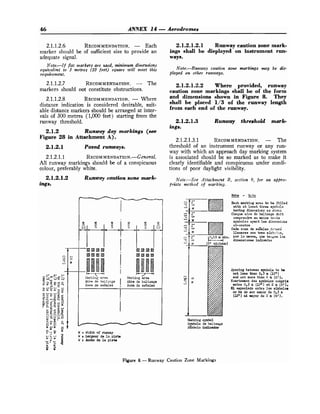 46 ANNEX 14 -Aerodromes
2.1.1.2.6 RECOMMENDATION.
- Each 2.1.2.1.2.1 Runway caution zone mark-
marker should be of sufficient size to provide an ings shall be displayed on instrument run-
adequate signal. ways.
Note.-If fiat markers are used, minimum dimensions
equivalent to 3 metres (10 feet) square will meet this Note.-Runway caution zone markings may be dis-
requb-ement. played on other runways.
2.1.1.2.7 RECOMMENDATION.
- The
markers should not constitute obstructions.
2.1.1.2.8 RECOMMENDATION.
- Where
distance indication is considered desirable, suit-
able distance markers should be arranged at inter-
vals of 300 metres (1,000 feet) starting from the
runway threshold.
2.1.2 Runway day markings (see
Figure 28 in Attachment A).
2.1.2.1 Paved runways.
2.1.2.1.1 RECOM
MENDATION.-G~~~~U~.
All runway markings should be of a conspicuous
colour, preferably white.
2.1.2.1.2.2 Where provided, runway
caution zone markings shall be of the form
and dimensions .shown in Figure 8. They
shall be placed 1/3 of the runway length
from each end of the runway.
2.1.2.1.3 Runway threshold mark.
ings.
2.1.2.1.3.1 RECOMMENDATION.
- The
threshold of an instrument runway or any run-
way with which an approach day marking system
is associated should be so marked as to make it
clearly identifiable and conspicuous under condi-
tions of poor daylight visibility.
2.1.2.1.2 Runway caution aone mark- Note.-See Attachment B, section 9, for an appro-
ings. priate method of marking.
W = Width of runway
g W z Largeur de l o pisto
u,:'a E W -Ancho de l a pista
r v
f ?
N o t e - -
Each merking area to be f i l l e d
v l t h a t least t h e e eynb3?.5
having dimensiors as siom
Chaque aire de balisage d o i t
comprendre au mins t r o i e
symboles a p - t l e s dinensions
ci-contre
Cada zona de ee-des di:;eri
llenarse con tres a h l c l o a ,
- .
!
! 0,15 m min. P O r l o menoe, que teiigan 13s
2 1- L dimensionee i"mbs
.
4 (6" m i r ? )
Figure 8.-Runway Caution Zone Markings
-
1
A
S~ecing
between a p b l e t o be
not lesa than 0,3 m i12'j)
O a7d not more than 2 m ( 6 ' ) .
3 E~artementdwa ajlabclea cumpris
entre 0,3 a. (11.") e t 2 m (6').
El eepaciado entre loo s ~ b c l o s
no ha ds eer rneror de 013 e:
(12") ni mayor de 2 m ( 6 ' ) .
blnrking oymbol
Symbcle de balisage
Sfmhlo indicador
 