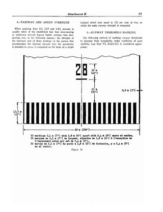 Attachment B 77
8.-TAXIWAY AND APRON STRENGTH
When applying Part 111, 1.3.7 and 1.4.3, account is
usually taken of the established fact that slow-moving
or stationary aircraft impose higher stresses than fast-
moving ones, in the following manner: the strength of
the taxiways and of those portions of the aprons that
accommodate the heaviest aircraft that the aerodrome
is intended to serve, is computed on the basis of a single
isolated wheel load equal to 125 per cent of that on
which the main runway strength is computed.
9.-RUNWAY THRESHOLD MARKING
The following method of marking rutlway thresholds
to increase their conspicuity under conditions of poor
visibility (see Part VI, 2.1.2.1.3.1) is considered appro-
priate :
I
22 markings 2.1 m (
7
'
) wide 1.8 m (61) apart vith 2.4 m (8') Bpace at centre. t
22 marquee de 2,l m (
7
'
) de largeur, edpardee de 1,8 m ( 6 ' ) B llexoeption de
l'espacernent axial qui est de 2,4 m ( 8 ' ) .
22 marcaa de 2,l m (7f) de anoho a 1,8 m (6') de diatanoia, y a 2,4 n (8')
en e l centro,
Figure 30
 