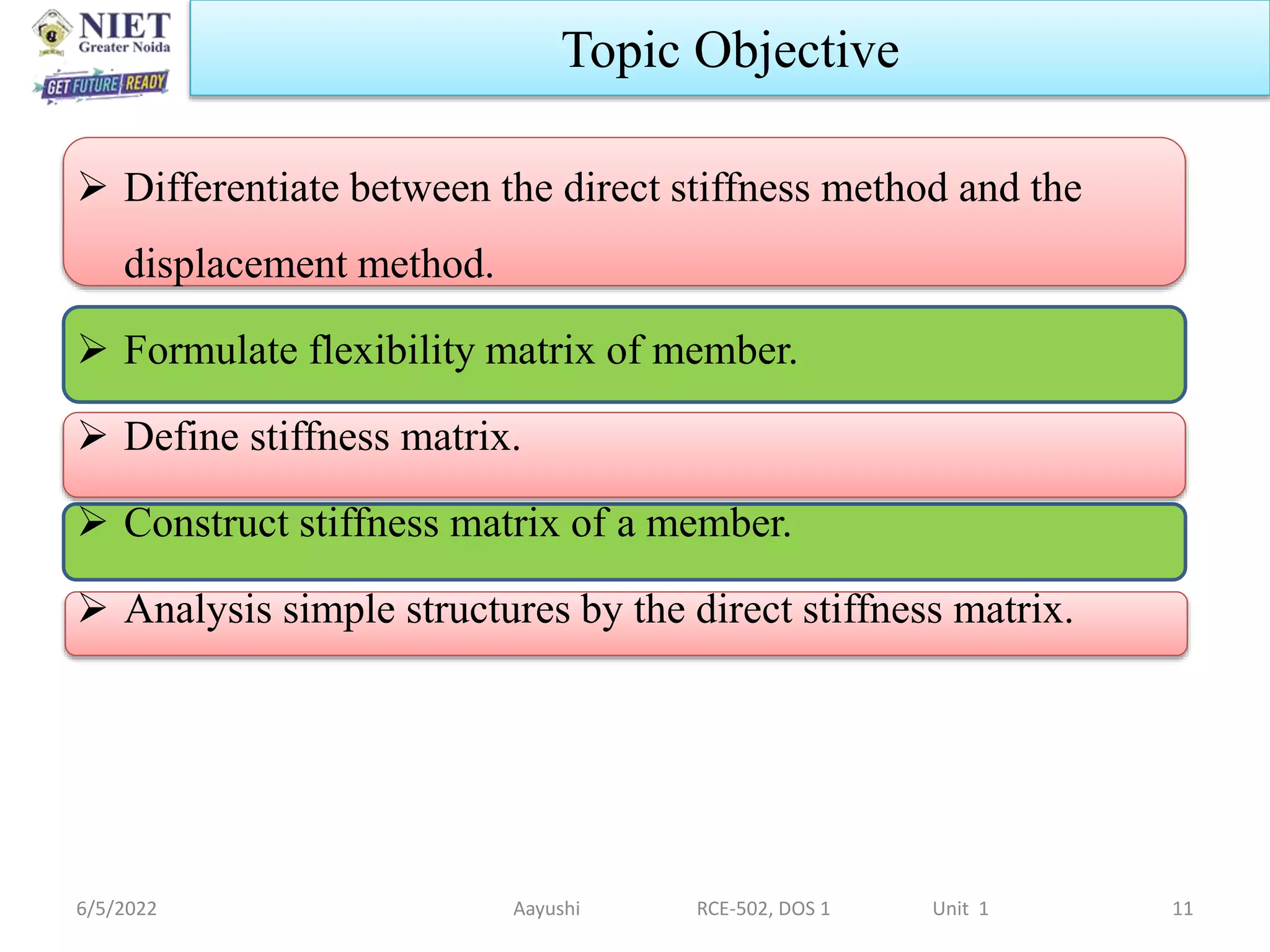  Differentiate between the direct stiffness method and the
displacement method.
 Formulate flexibility matrix of member.
 Define stiffness matrix.
 Construct stiffness matrix of a member.
 Analysis simple structures by the direct stiffness matrix.
6/5/2022 Aayushi RCE-502, DOS 1 Unit 1 11
Topic Objective
 