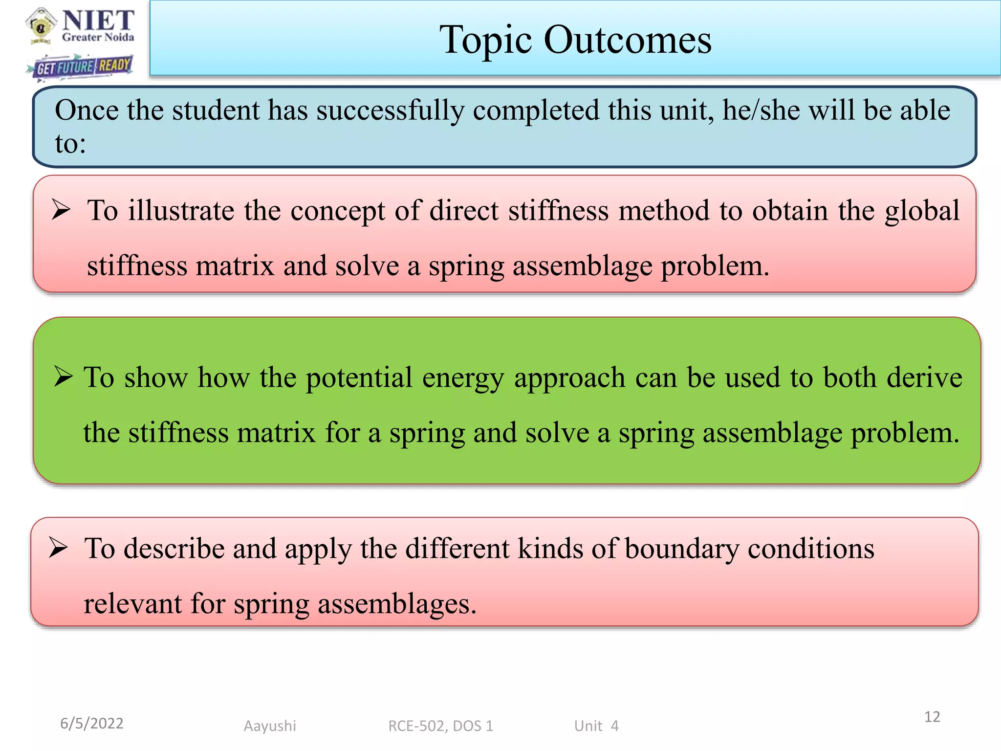  To illustrate the concept of direct stiffness method to obtain the global
stiffness matrix and solve a spring assemblage problem.
6/5/2022 12
Topic Outcomes
Once the student has successfully completed this unit, he/she will be able
to:
 To show how the potential energy approach can be used to both derive
the stiffness matrix for a spring and solve a spring assemblage problem.
 To describe and apply the different kinds of boundary conditions
relevant for spring assemblages.
Aayushi RCE-502, DOS 1 Unit 4
 