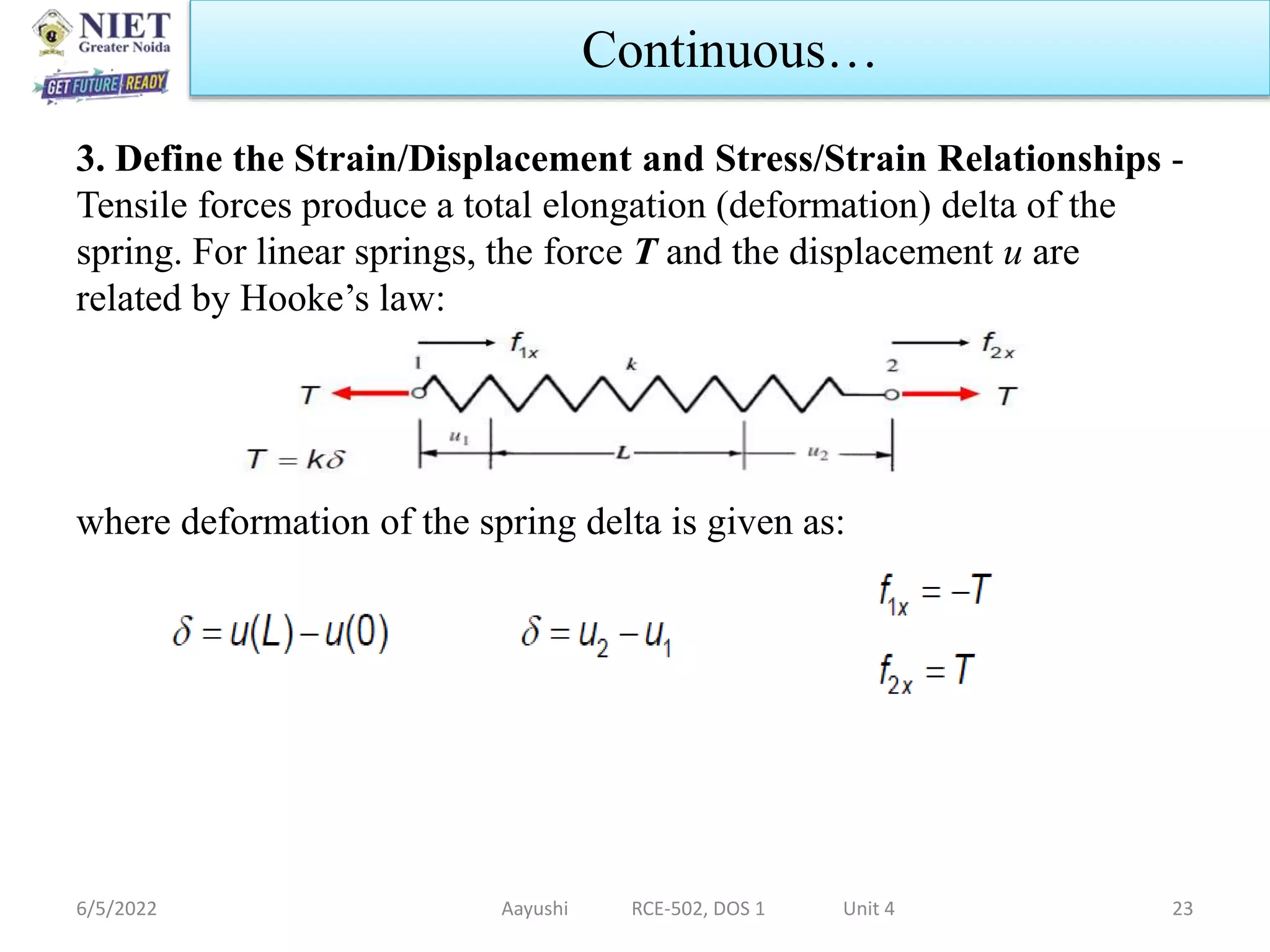 3. Define the Strain/Displacement and Stress/Strain Relationships -
Tensile forces produce a total elongation (deformation) delta of the
spring. For linear springs, the force T and the displacement u are
related by Hooke’s law:
where deformation of the spring delta is given as:
6/5/2022 Aayushi RCE-502, DOS 1 Unit 4 23
Continuous…
 