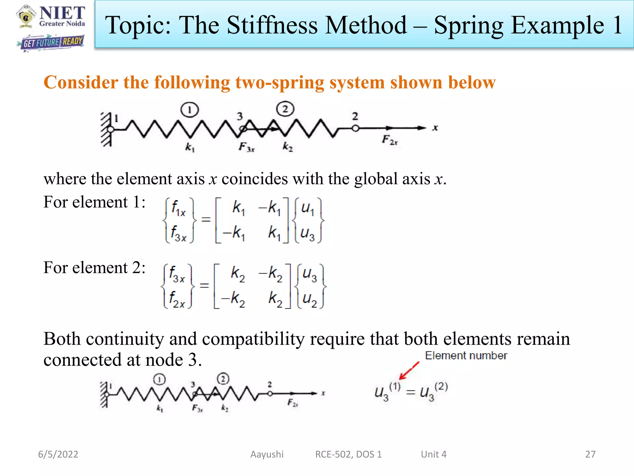 Consider the following two-spring system shown below
where the element axis x coincides with the global axis x.
For element 1:
For element 2:
Both continuity and compatibility require that both elements remain
connected at node 3.
6/5/2022 Aayushi RCE-502, DOS 1 Unit 4 27
Topic: The Stiffness Method – Spring Example 1
 