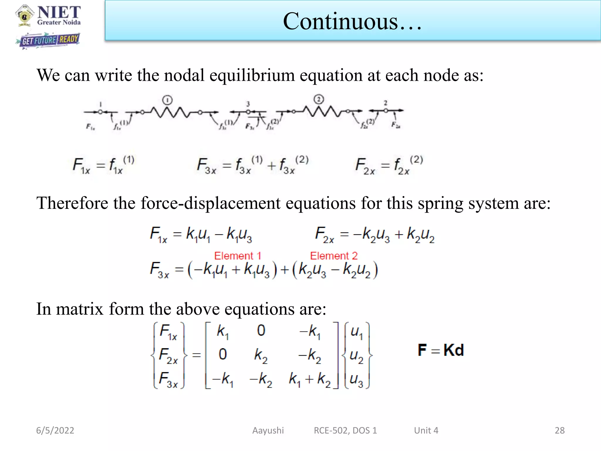 We can write the nodal equilibrium equation at each node as:
Therefore the force-displacement equations for this spring system are:
In matrix form the above equations are:
6/5/2022 Aayushi RCE-502, DOS 1 Unit 4 28
Continuous…
 