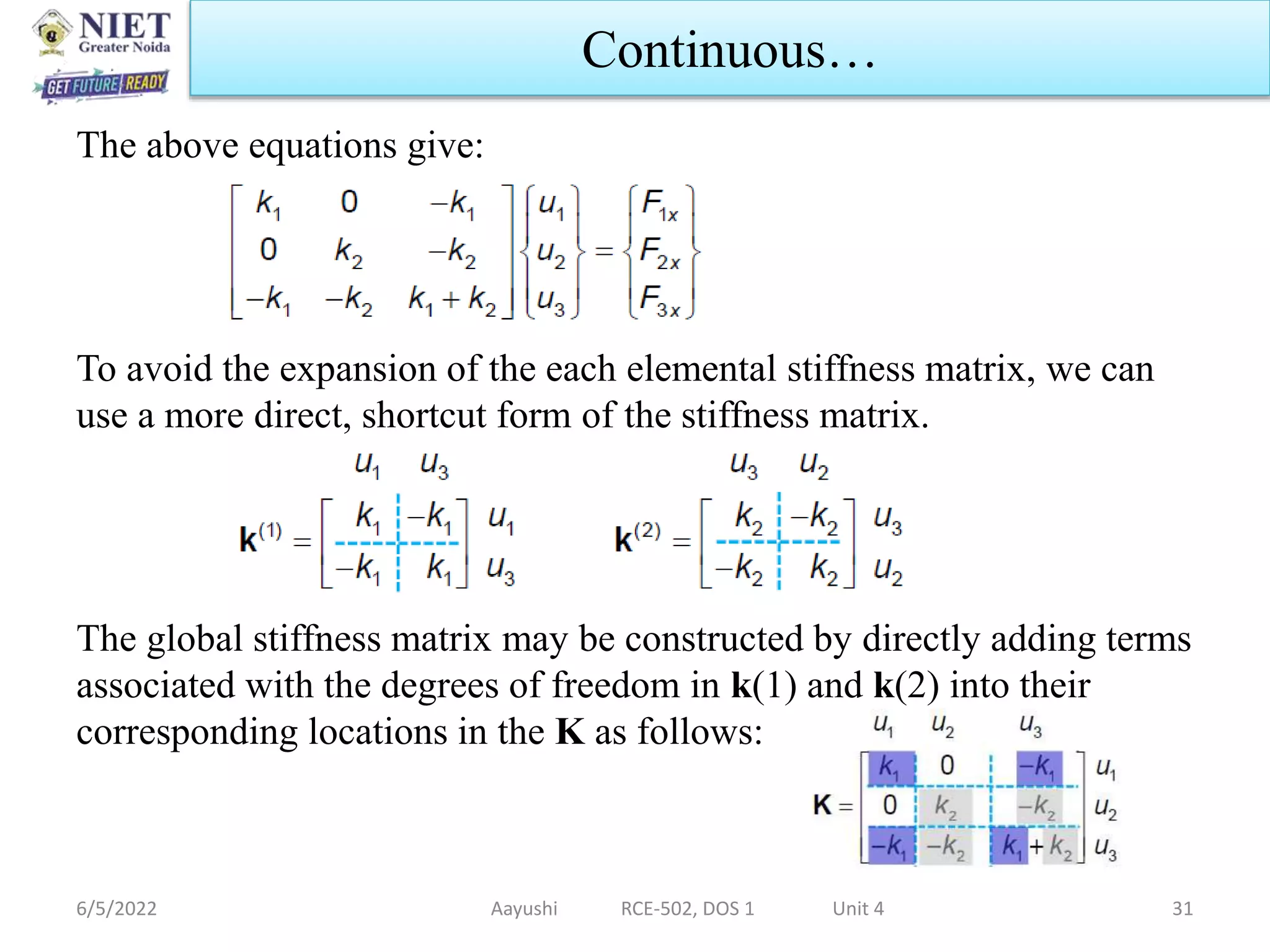 The above equations give:
To avoid the expansion of the each elemental stiffness matrix, we can
use a more direct, shortcut form of the stiffness matrix.
The global stiffness matrix may be constructed by directly adding terms
associated with the degrees of freedom in k(1) and k(2) into their
corresponding locations in the K as follows:
6/5/2022 Aayushi RCE-502, DOS 1 Unit 4 31
Continuous…
 