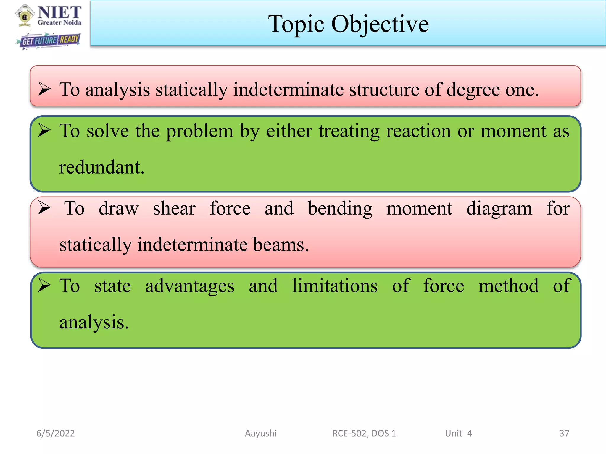  To analysis statically indeterminate structure of degree one.
 To solve the problem by either treating reaction or moment as
redundant.
 To draw shear force and bending moment diagram for
statically indeterminate beams.
 To state advantages and limitations of force method of
analysis.
6/5/2022 Aayushi RCE-502, DOS 1 Unit 4 37
Topic Objective
 