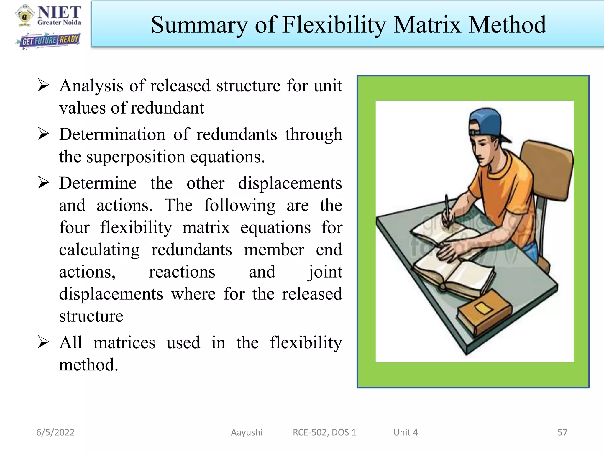  Analysis of released structure for unit
values of redundant
 Determination of redundants through
the superposition equations.
 Determine the other displacements
and actions. The following are the
four flexibility matrix equations for
calculating redundants member end
actions, reactions and joint
displacements where for the released
structure
 All matrices used in the flexibility
method.
6/5/2022 Aayushi RCE-502, DOS 1 Unit 4 57
Summary of Flexibility Matrix Method
 