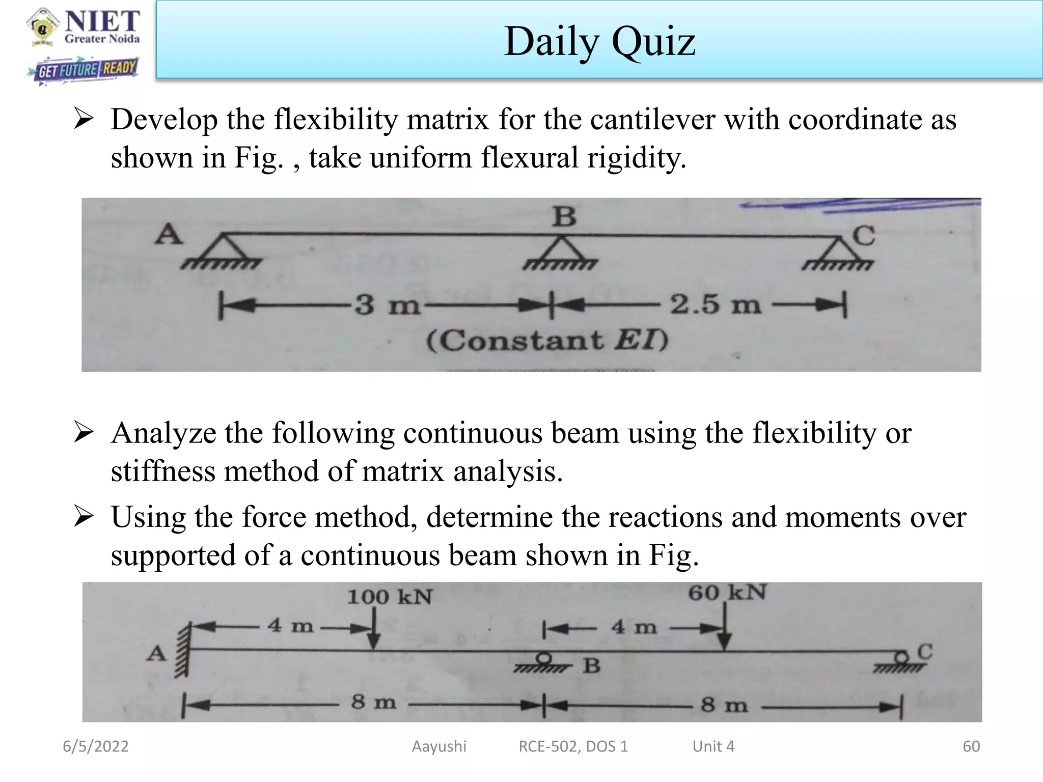  Develop the flexibility matrix for the cantilever with coordinate as
shown in Fig. , take uniform flexural rigidity.
 Analyze the following continuous beam using the flexibility or
stiffness method of matrix analysis.
 Using the force method, determine the reactions and moments over
supported of a continuous beam shown in Fig.
6/5/2022 Aayushi RCE-502, DOS 1 Unit 4 60
Daily Quiz
 