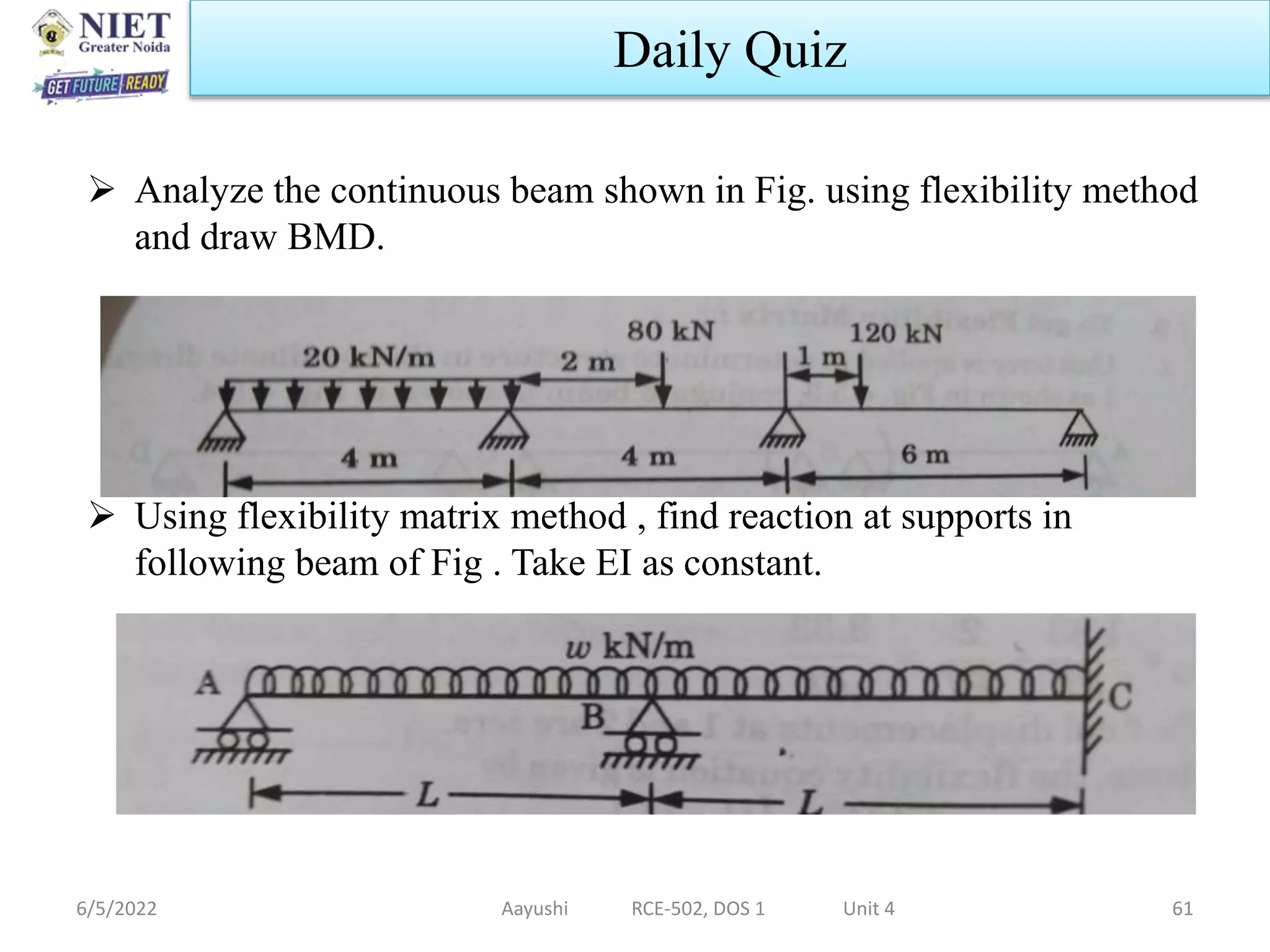  Analyze the continuous beam shown in Fig. using flexibility method
and draw BMD.
 Using flexibility matrix method , find reaction at supports in
following beam of Fig . Take EI as constant.
6/5/2022 Aayushi RCE-502, DOS 1 Unit 4 61
Daily Quiz
 