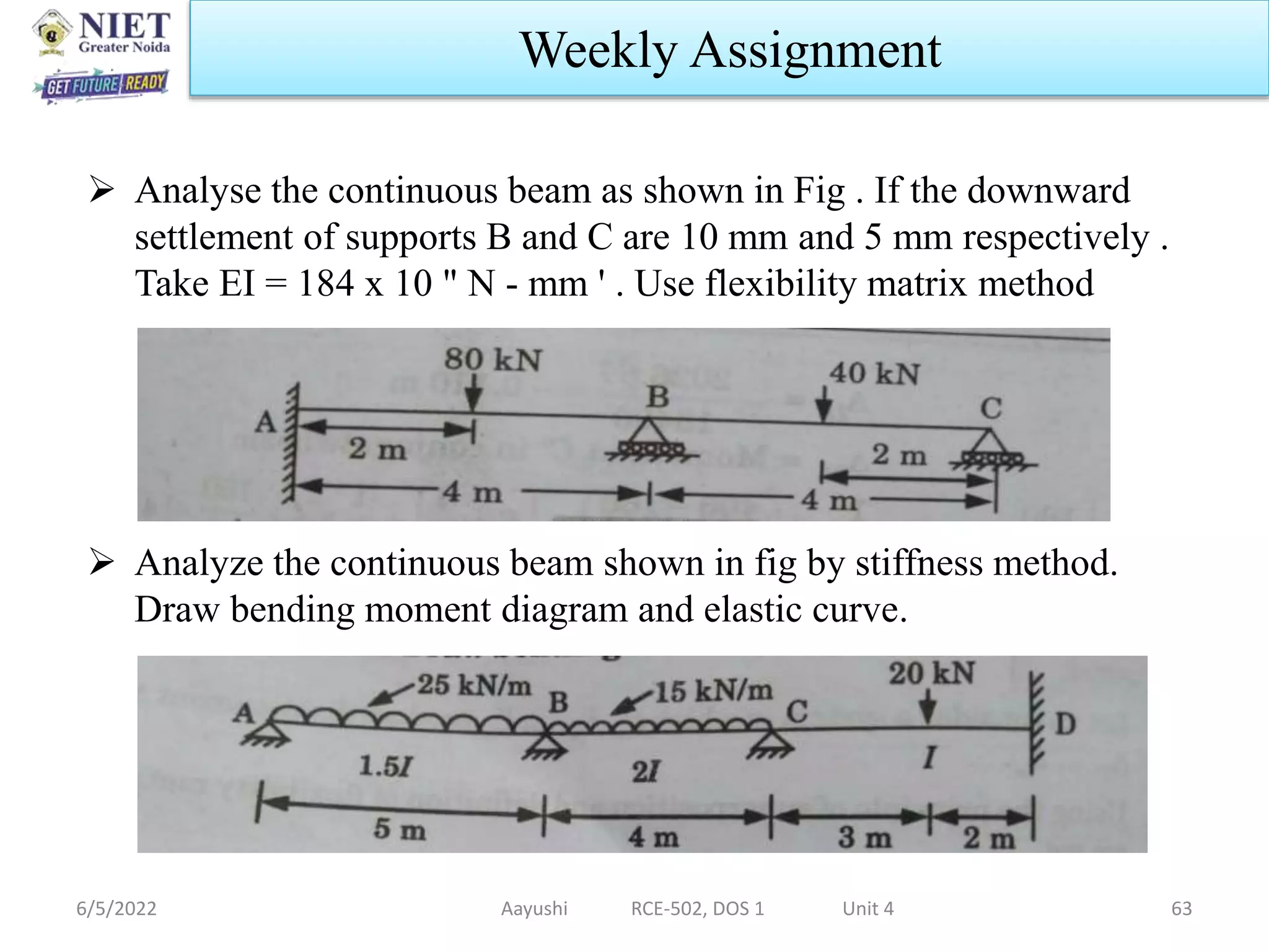  Analyse the continuous beam as shown in Fig . If the downward
settlement of supports B and C are 10 mm and 5 mm respectively .
Take EI = 184 x 10 " N - mm ' . Use flexibility matrix method
 Analyze the continuous beam shown in fig by stiffness method.
Draw bending moment diagram and elastic curve.
6/5/2022 Aayushi RCE-502, DOS 1 Unit 4 63
Weekly Assignment
 