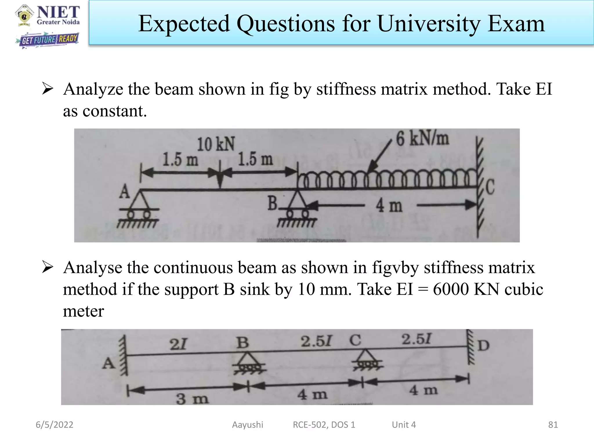  Analyze the beam shown in fig by stiffness matrix method. Take EI
as constant.
 Analyse the continuous beam as shown in figvby stiffness matrix
method if the support B sink by 10 mm. Take EI = 6000 KN cubic
meter
6/5/2022 Aayushi RCE-502, DOS 1 Unit 4 81
Expected Questions for University Exam
 