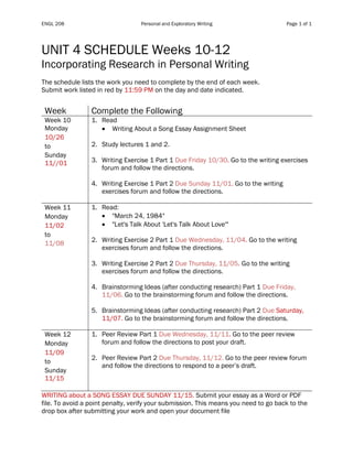 ENGL 208 Personal and Exploratory Writing Page 1 of 1
UNIT 4 SCHEDULE Weeks 10-12
Incorporating Research in Personal Writing
The schedule lists the work you need to complete by the end of each week.
Submit work listed in red by 11:59 PM on the day and date indicated.
Table 1
Week Complete the Following
Week 10
Monday
10/26
to
Sunday
11//01
1. Read
• Writing About a Song Essay Assignment Sheet
2. Study lectures 1 and 2.
3. Writing Exercise 1 Part 1 Due Friday 10/30. Go to the writing exercises
forum and follow the directions.
4. Writing Exercise 1 Part 2 Due Sunday 11/01. Go to the writing
exercises forum and follow the directions.
Week 11
Monday
11/02
to
11/08
1. Read:
• "March 24, 1984"
• "Let's Talk About 'Let's Talk About Love'"
2. Writing Exercise 2 Part 1 Due Wednesday, 11/04. Go to the writing
exercises forum and follow the directions.
3. Writing Exercise 2 Part 2 Due Thursday, 11/05. Go to the writing
exercises forum and follow the directions.
4. Brainstorming Ideas (after conducting research) Part 1 Due Friday,
11/06. Go to the brainstorming forum and follow the directions.
5. Brainstorming Ideas (after conducting research) Part 2 Due Saturday,
11/07. Go to the brainstorming forum and follow the directions.
Week 12
Monday
11/09
to
Sunday
11/15
1. Peer Review Part 1 Due Wednesday, 11/11. Go to the peer review
forum and follow the directions to post your draft.
2. Peer Review Part 2 Due Thursday, 11/12. Go to the peer review forum
and follow the directions to respond to a peer’s draft.
WRITING about a SONG ESSAY DUE SUNDAY 11/15. Submit your essay as a Word or PDF
file. To avoid a point penalty, verify your submission. This means you need to go back to the
drop box after submitting your work and open your document file
 