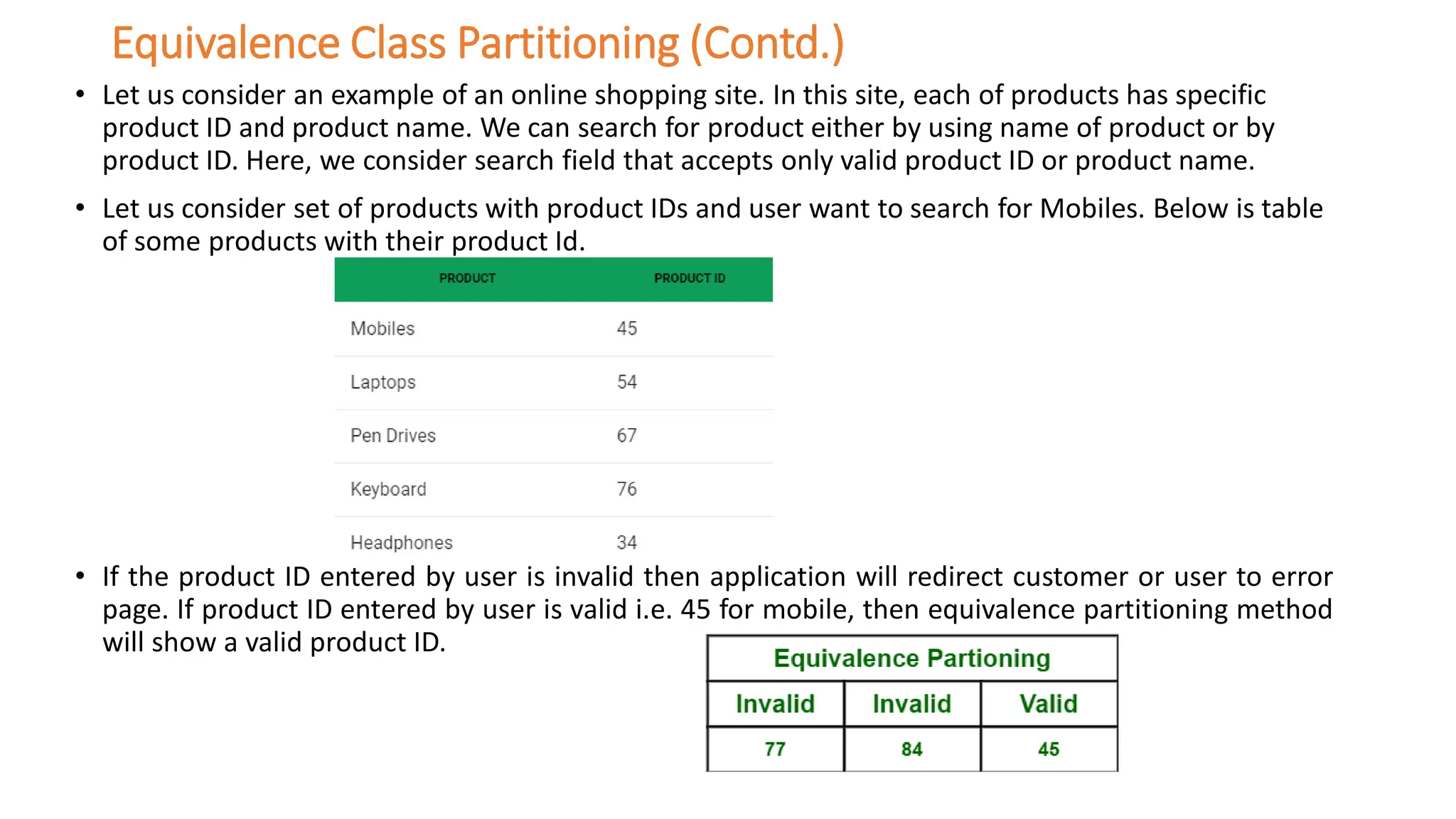 Equivalence Class Partitioning (Contd.)
• Let us consider an example of an online shopping site. In this site, each of products has specific
product ID and product name. We can search for product either by using name of product or by
product ID. Here, we consider search field that accepts only valid product ID or product name.
• Let us consider set of products with product IDs and user want to search for Mobiles. Below is table
of some products with their product Id.
• If the product ID entered by user is invalid then application will redirect customer or user to error
page. If product ID entered by user is valid i.e. 45 for mobile, then equivalence partitioning method
will show a valid product ID.
 