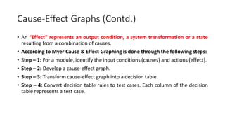 Cause-Effect Graphs (Contd.)
• An “Effect” represents an output condition, a system transformation or a state
resulting from a combination of causes.
• According to Myer Cause & Effect Graphing is done through the following steps:
• Step – 1: For a module, identify the input conditions (causes) and actions (effect).
• Step – 2: Develop a cause-effect graph.
• Step – 3: Transform cause-effect graph into a decision table.
• Step – 4: Convert decision table rules to test cases. Each column of the decision
table represents a test case.
 