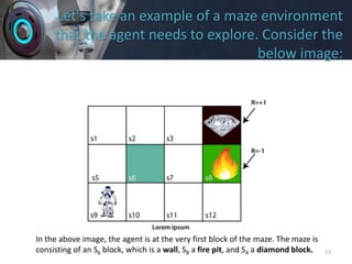 Let's take an example of a maze environment
that the agent needs to explore. Consider the
below image:
13
In the above image, the agent is at the very first block of the maze. The maze is
consisting of an S6 block, which is a wall, S8 a fire pit, and S4 a diamond block.
 